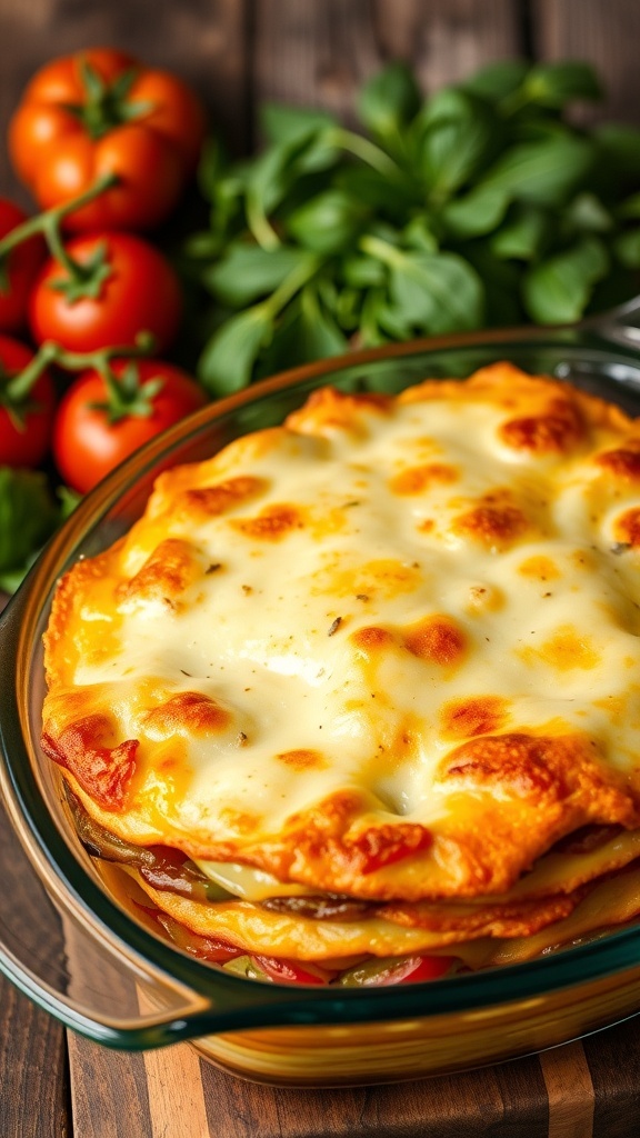 A golden-brown casserole dish filled with layers of cheese and vegetables, set in a rustic kitchen.